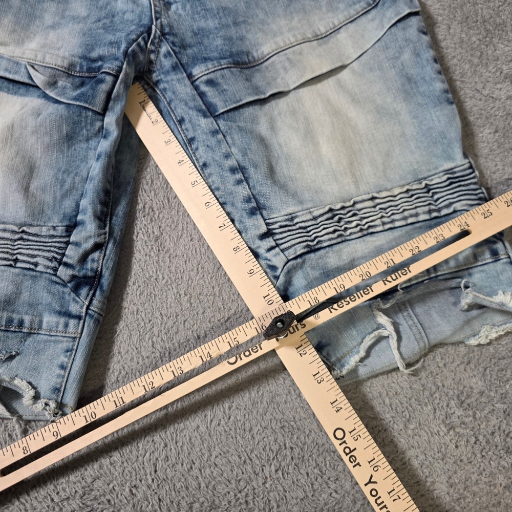 Smoke Rise Mens 38 Moto Denim Shorts Light Blue Acid Wash Ribbed Distressed Y2K - Picture 4 of 9